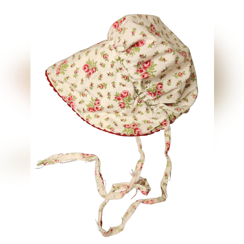 Heirloom Style Floral Baby Bonnet Red Ric Rac Trim Cottagecore Prairie Infant